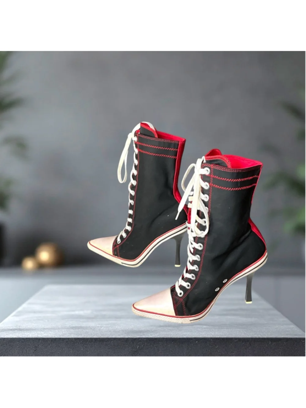 Anne Michelle NOWELL-02 Y2K Mid-Calf Lace-Up Stiletto Heel Boots Black Red Wm 8 - Picture 1 of 9